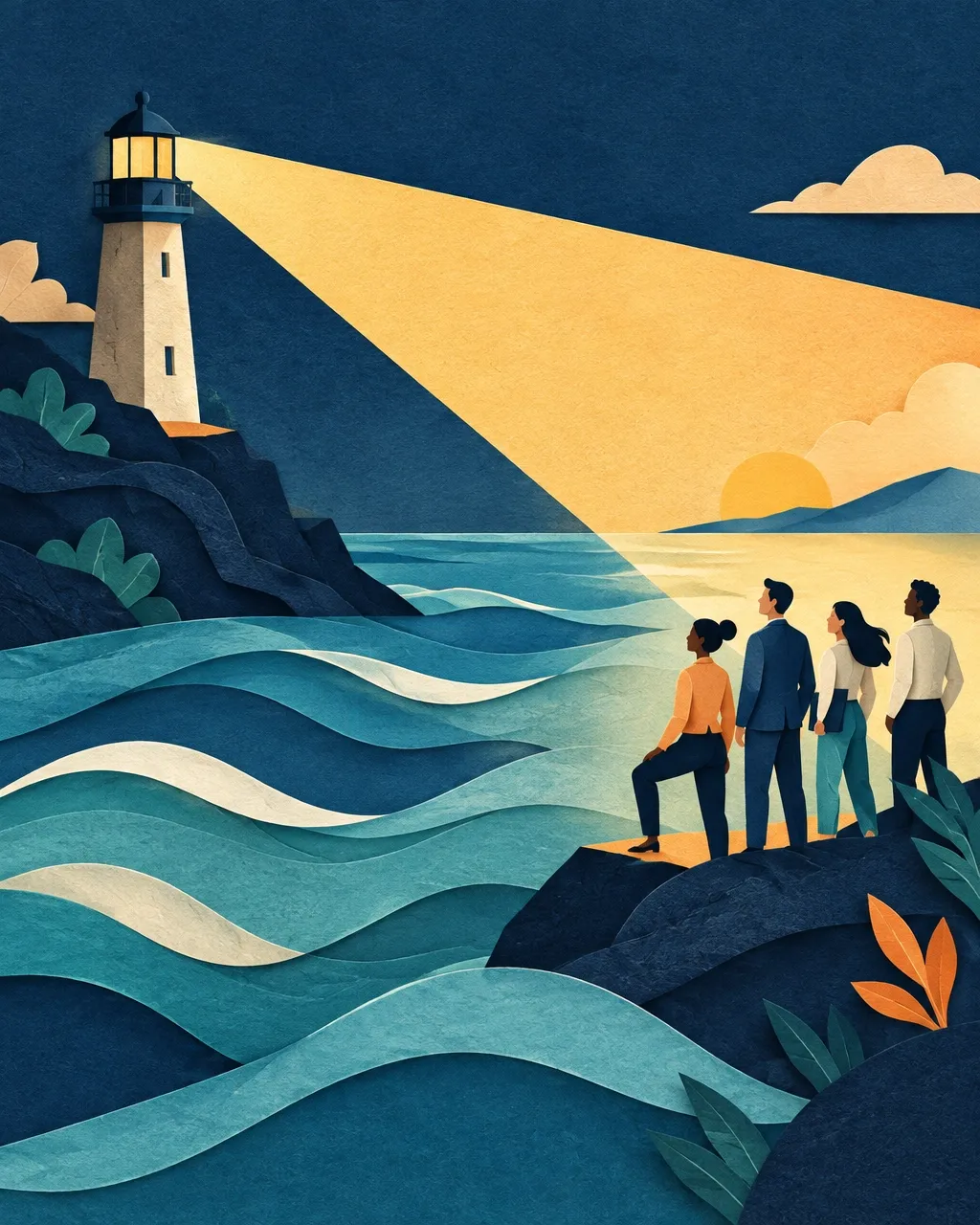 A colourful paper-cut lighthouse illustration that represents Phare’s guiding support