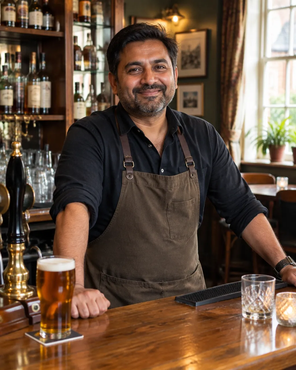 Independent pub owner smiling behind the bar of her neighbourhood pub