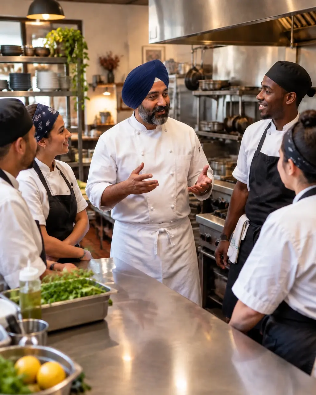 A Sikh head chef in a turban chatting with his team in a restaurant kitchen