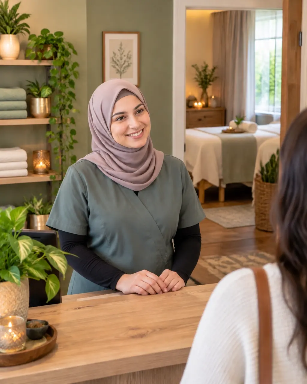 Muslim woman spa owner in a hijab welcoming a client at her wellness studio